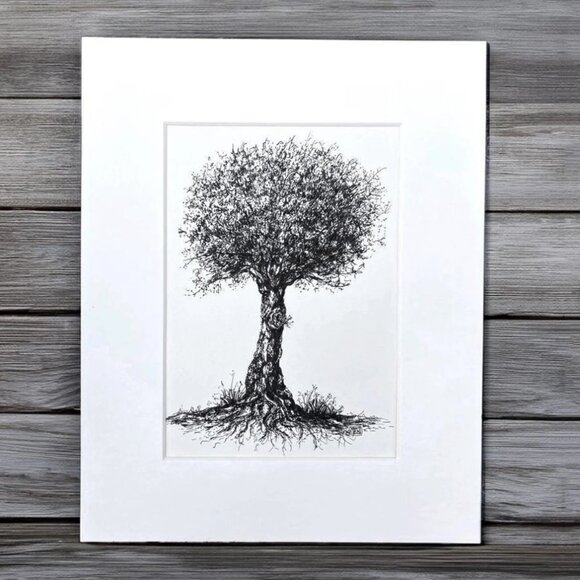 Tree Illustration, Hand Drawn Original Artwork, Matted
